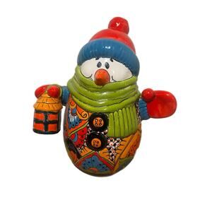 Mexican Talavera Pottery Snowman With Light 13” Holiday Christmas Decor Handmade